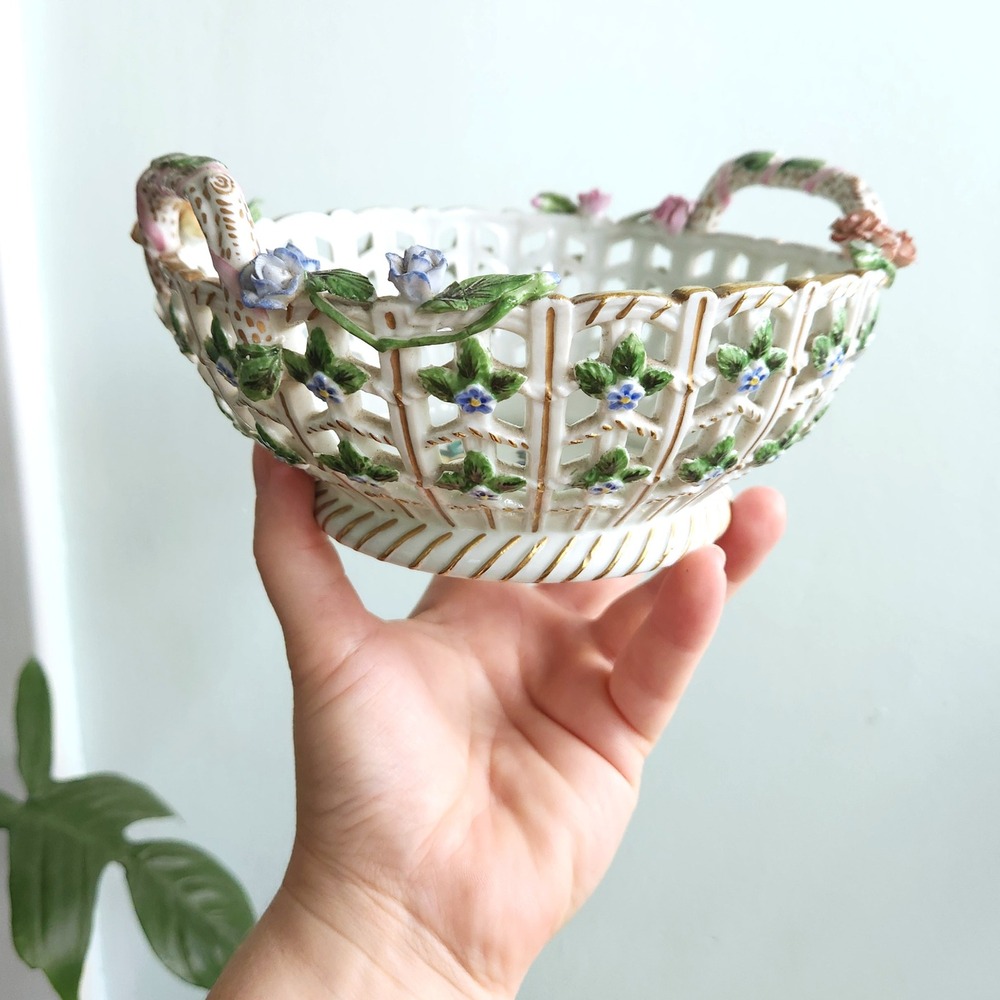 Vintage Dresden Floral Porcelain Basket‎ Reticulated Bowl Handles Cottage Decor